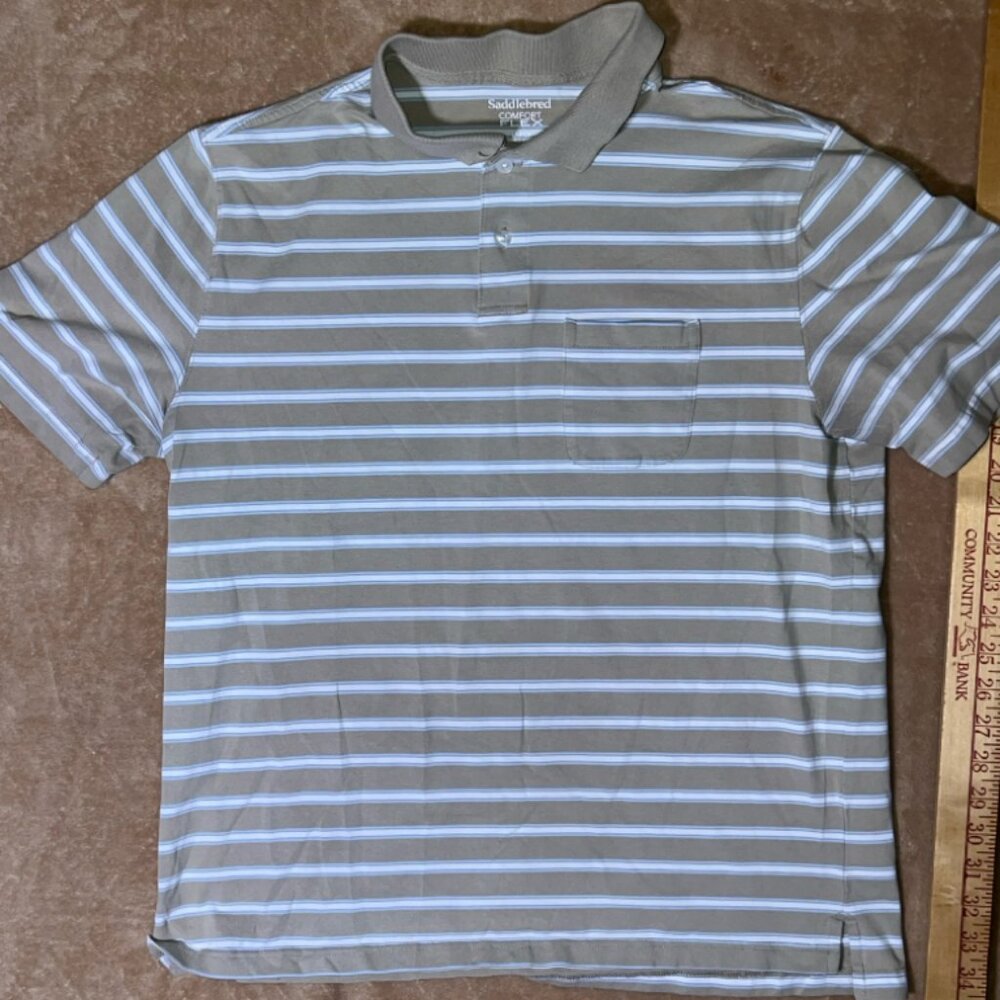 Saddlebred Mens Polo Shirt Large Tan Comfort flex striped (AA5)